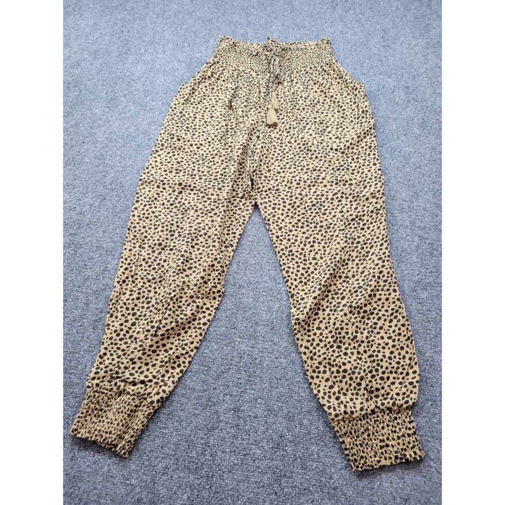 Aerie Leopard Print Smocked Joggers Tan Black High Rise Tassel Pants Size M
